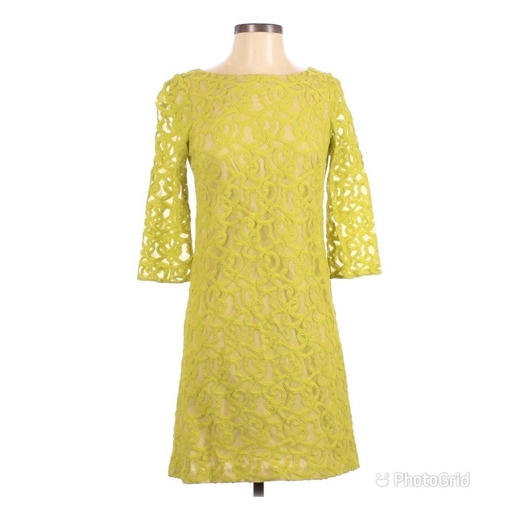NINE WEST Green Lace Mesh Sheath Shift Dress Knee Length 3/4 Sleeve Size 2‎